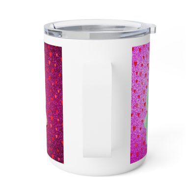 Pink heart-shaped insulated mug with a cute Labubu design, holding hot coffee