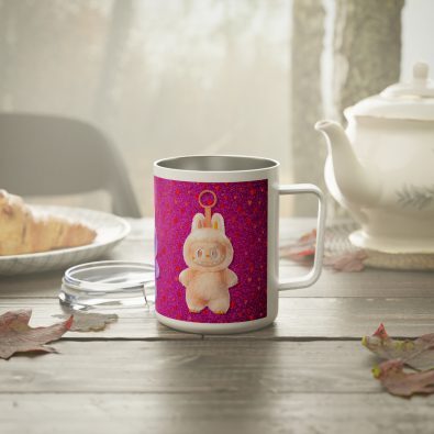 Pink heart-shaped insulated mug with a cute Labubu design, holding hot coffee