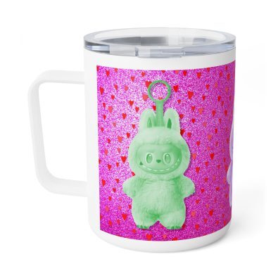 Pink heart-shaped insulated mug with a cute Labubu design, holding hot coffee