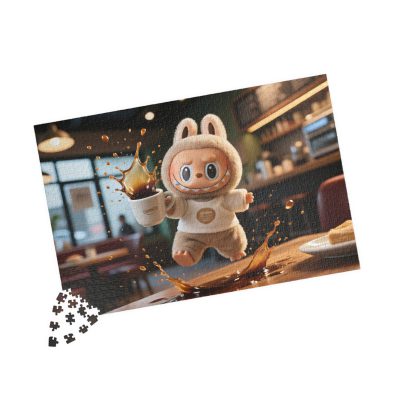 A colorful jigsaw puzzle featuring a cute coffee-themed character named Labubu, designed for children and available in various piece counts (110, 252, 520, 1014 pcs).