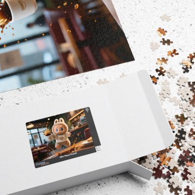 A colorful jigsaw puzzle featuring a cute coffee-themed character named Labubu, designed for children and available in various piece counts (110, 252, 520, 1014 pcs).