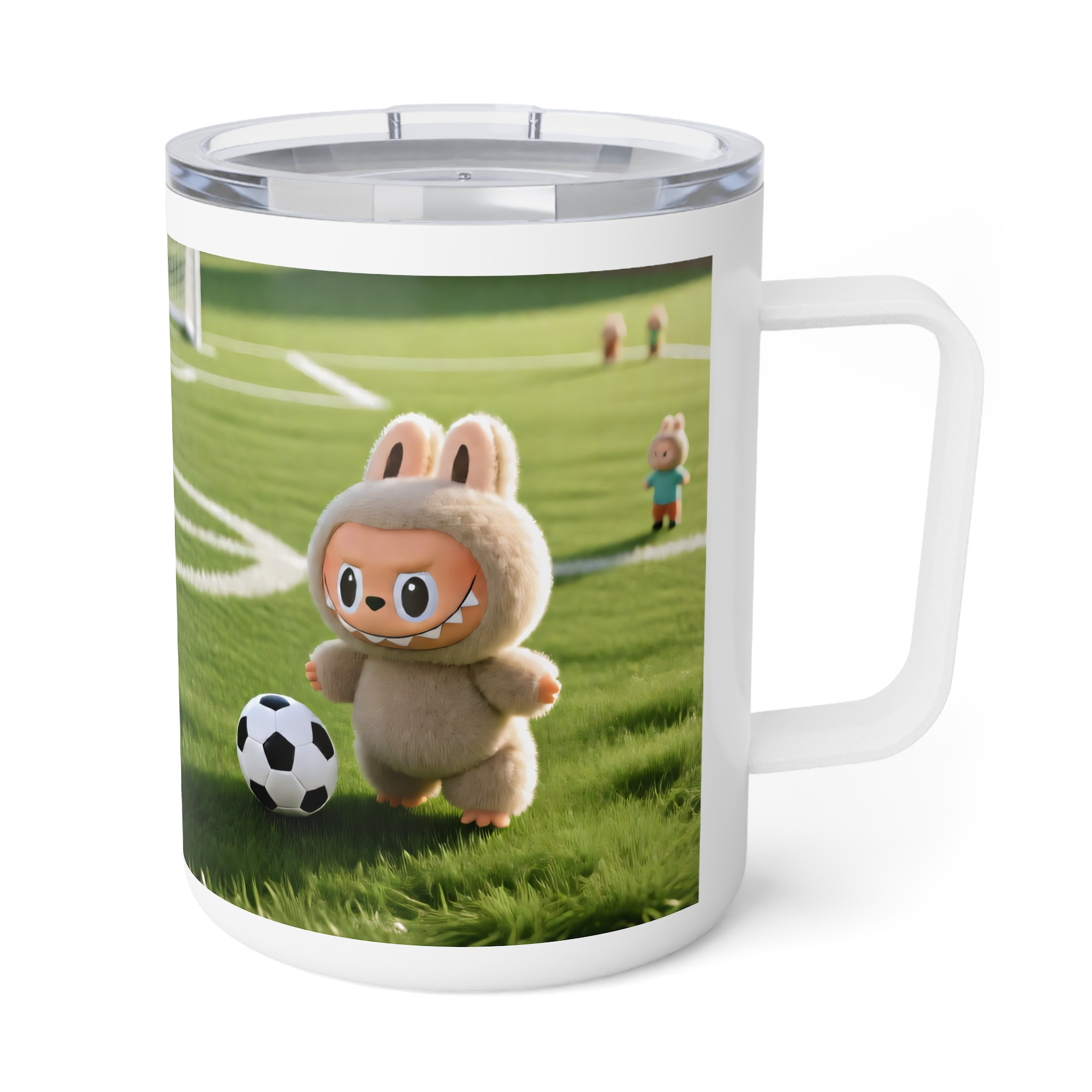 Labubu Soccer Field 10oz Insulated Coffee Mug – Cute Goalkeeper Cartoon Design