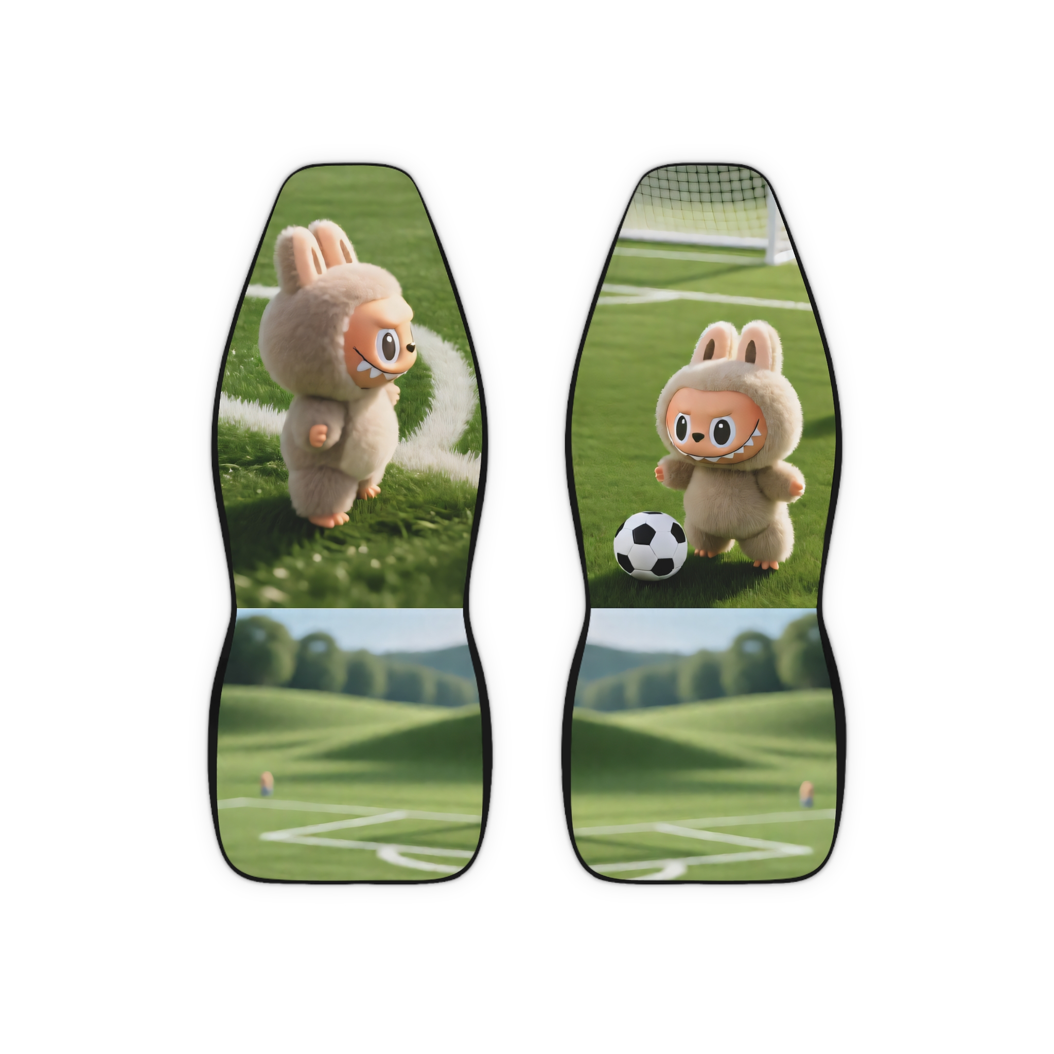 Two cute Labubu bunny soccer themed car seat covers made of durable polyester fabric for front seats