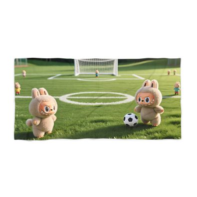 Soccer Labubu Beach Towel — Cute Plush Rabbit Soccer Field Design
