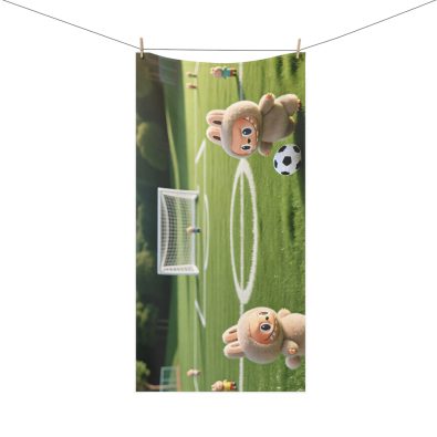 Cute Soccer Labubu Beach Towel — Plush Character Football Field Design