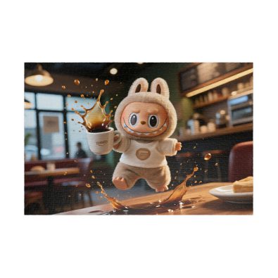 A colorful jigsaw puzzle featuring a cute coffee-themed character named Labubu, designed for children.
