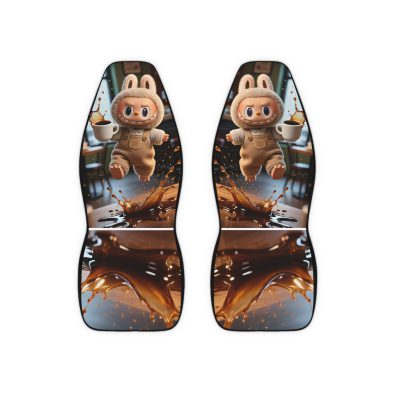 Front seat of a car covered with Labubu coffee‑printed polyester seat covers, showcasing a stylish and protective design