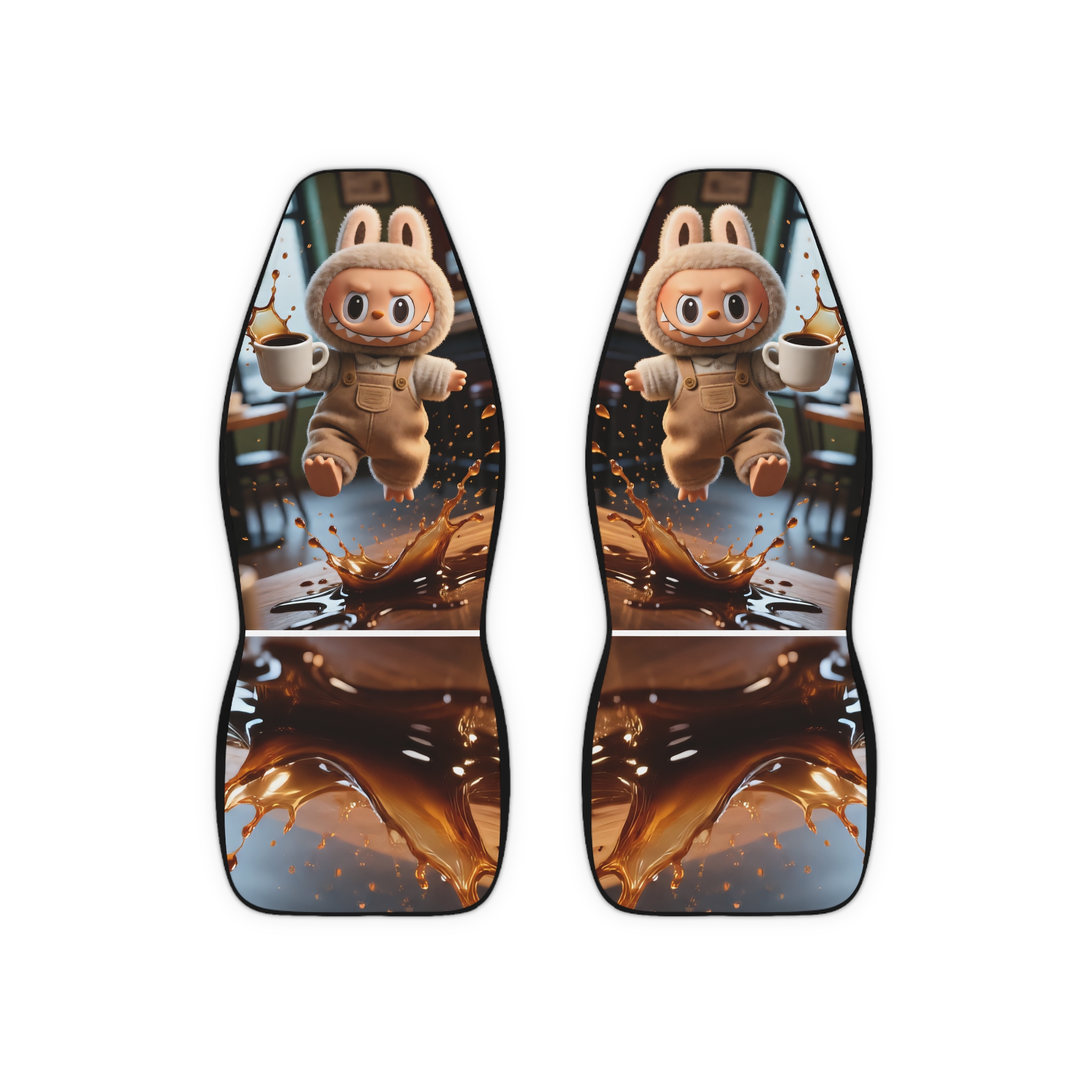 Two cute Labubu bunny soccer themed car seat covers made of durable polyester fabric for front seats