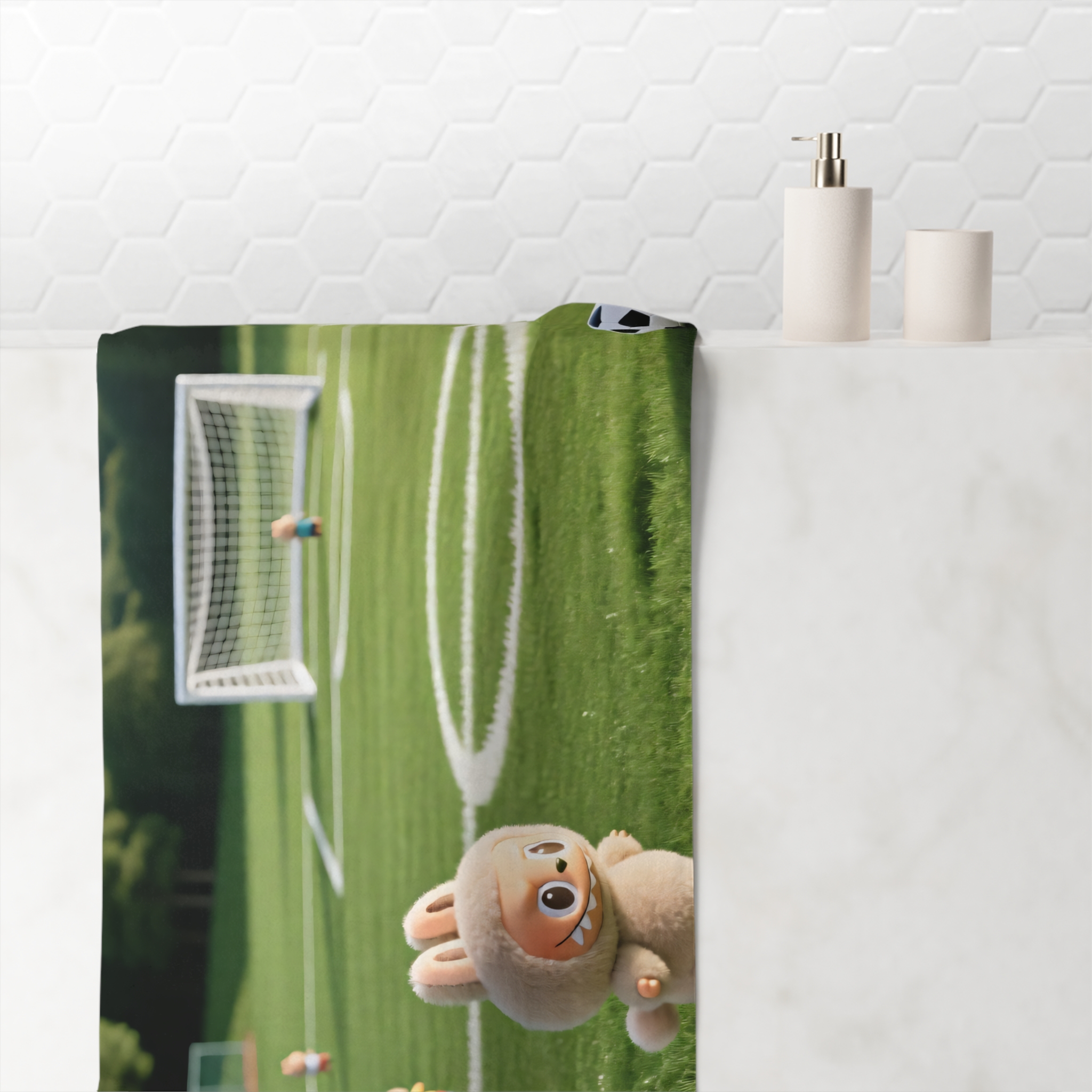 Cute Soccer Labubu Beach Towel — Plush Character Football Field Design - Image 4