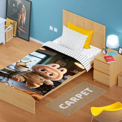 A fitted sheet featuring a playful coffee cup pattern in warm brown tones, perfect for cozy bedroom décor