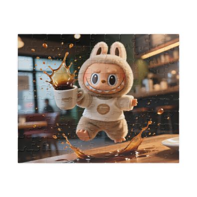 A colorful jigsaw puzzle featuring a cute coffee-themed character named Labubu, designed for children and available in various piece counts (110, 252, 520, 1014 pcs).