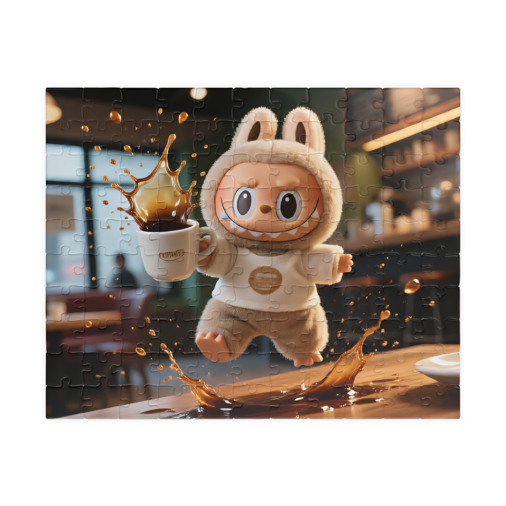 A colorful jigsaw puzzle featuring a cute coffee-themed character named Labubu, designed for children and available in various piece counts (110, 252, 520, 1014 pcs).