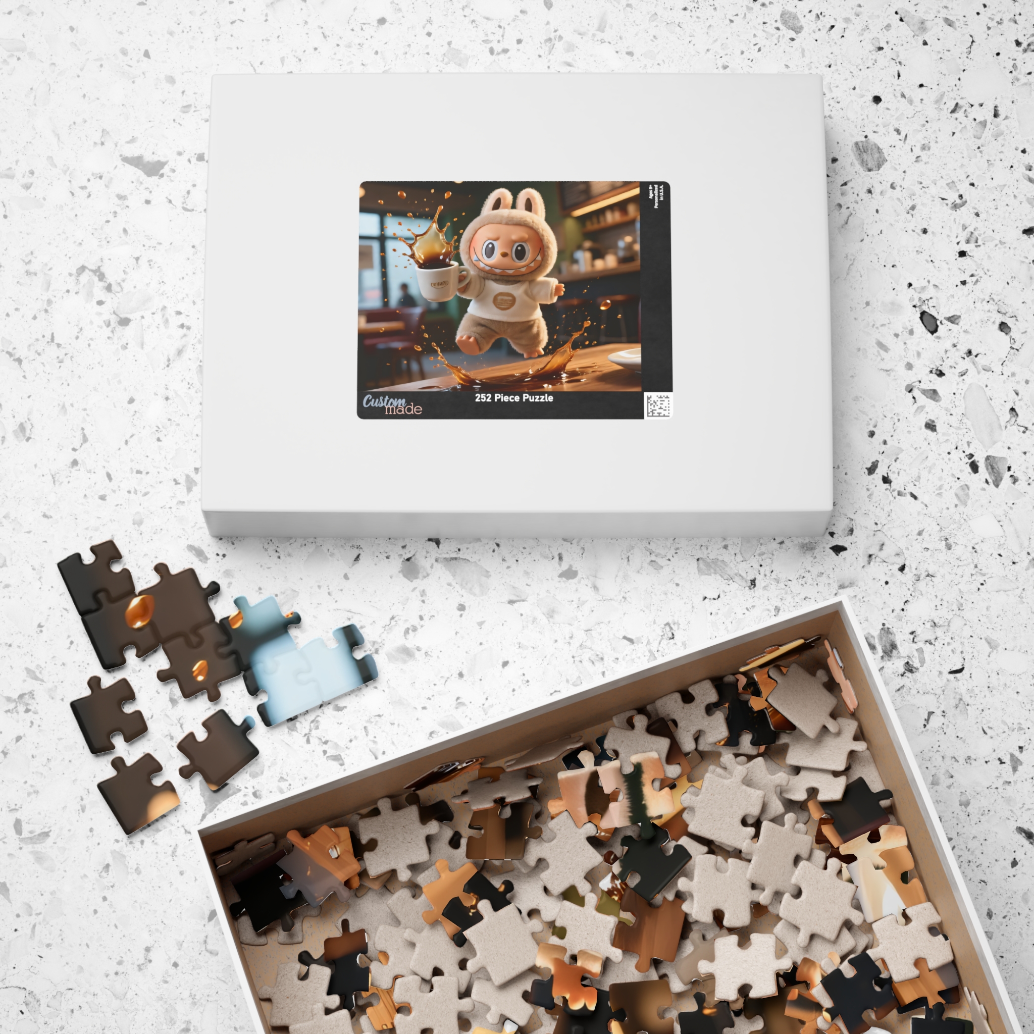 A colorful jigsaw puzzle featuring a cute coffee-themed character named Labubu, designed for children and available in various piece counts (110, 252, 520, 1014 pcs).