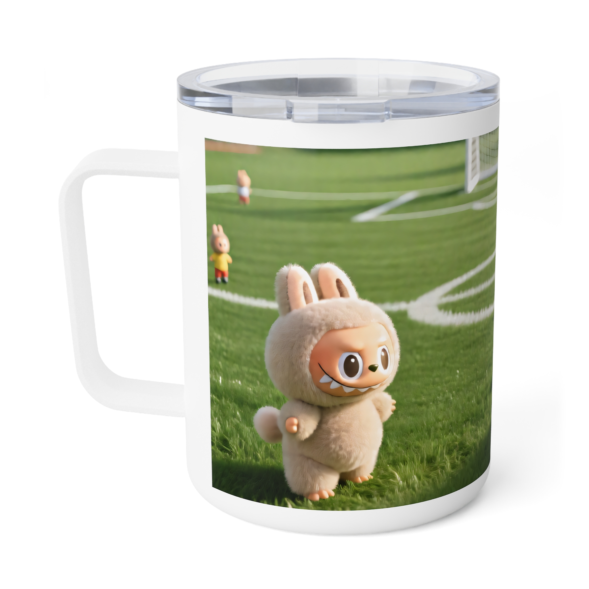 Labubu Soccer Field 10oz Insulated Coffee Mug – Cute Goalkeeper Cartoon Design - Image 2