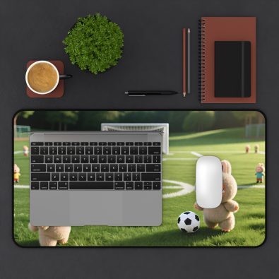 Labubu soccer bunny desk mat featuring a colorful football field design with cute bunny characters and vibrant green grass