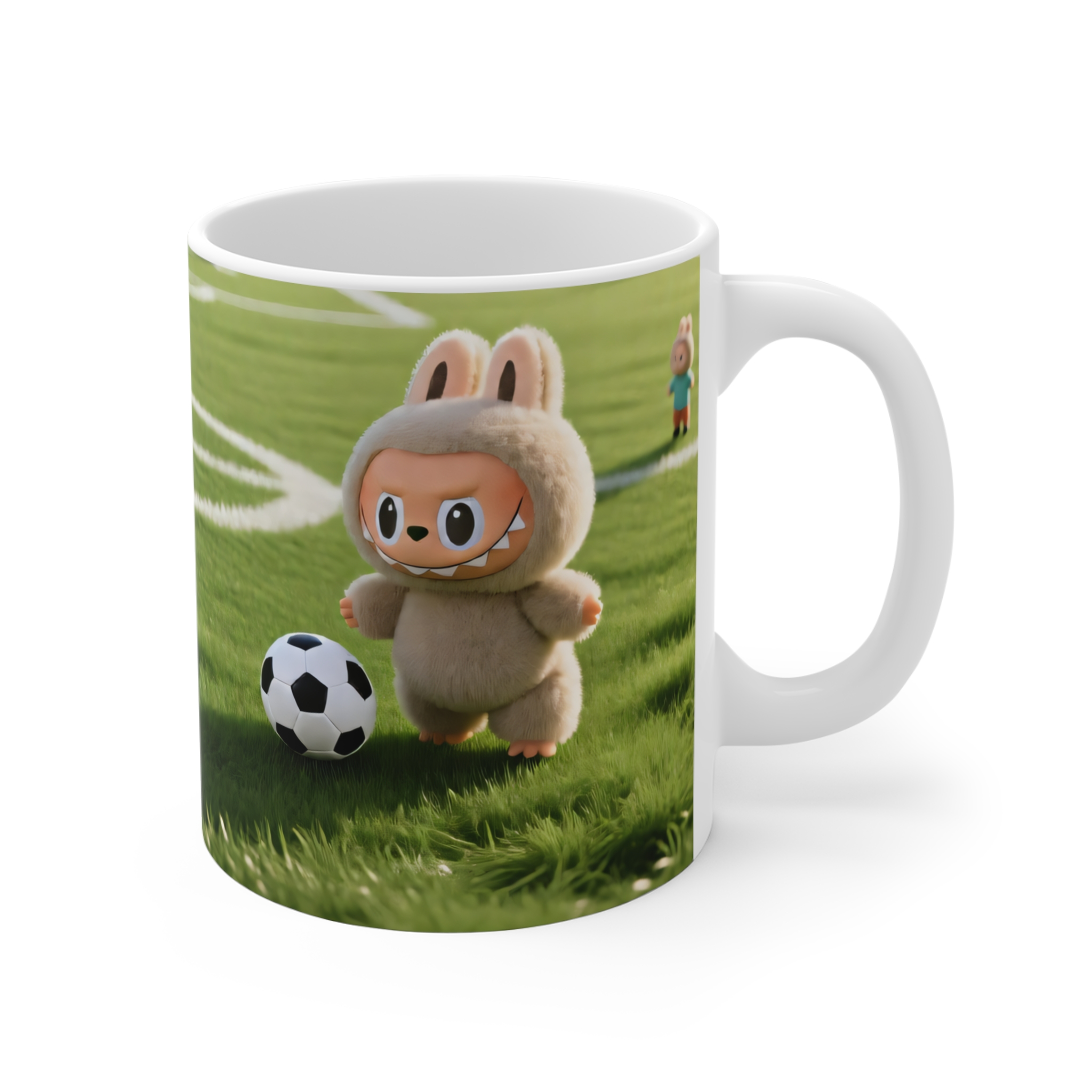 Soccer Field Bunny Mug — Cute Plush Character Football Coffee Cup