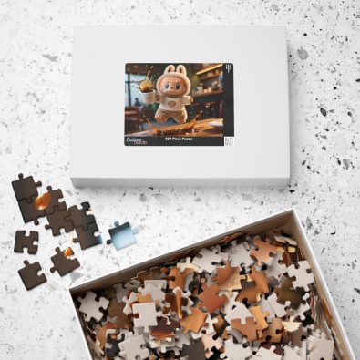 A colorful jigsaw puzzle featuring a cute coffee-themed character named Labubu, designed for children and available in various piece counts (110, 252, 520, 1014 pcs).