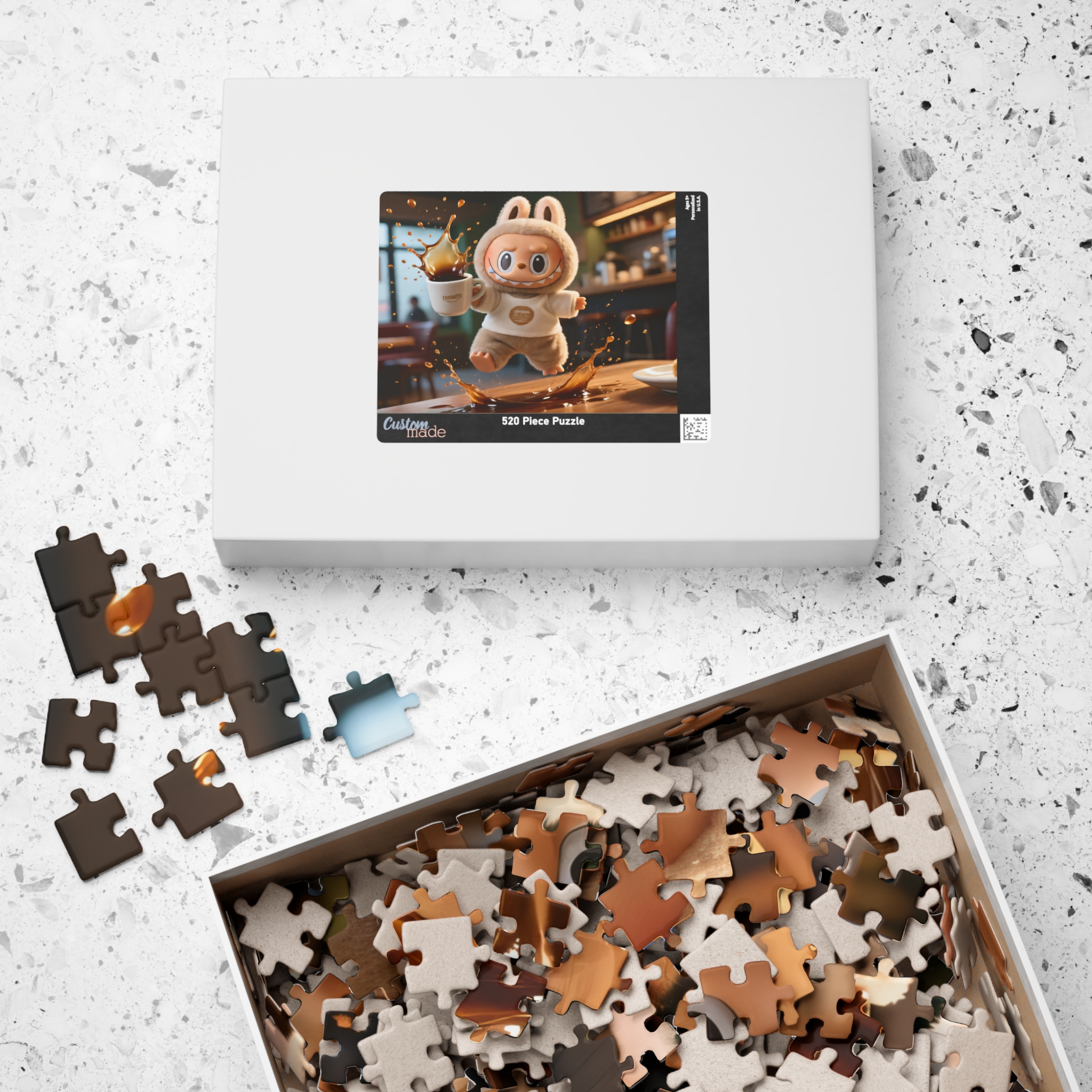 A colorful jigsaw puzzle featuring a cute coffee-themed character named Labubu, designed for children and available in various piece counts (110, 252, 520, 1014 pcs).