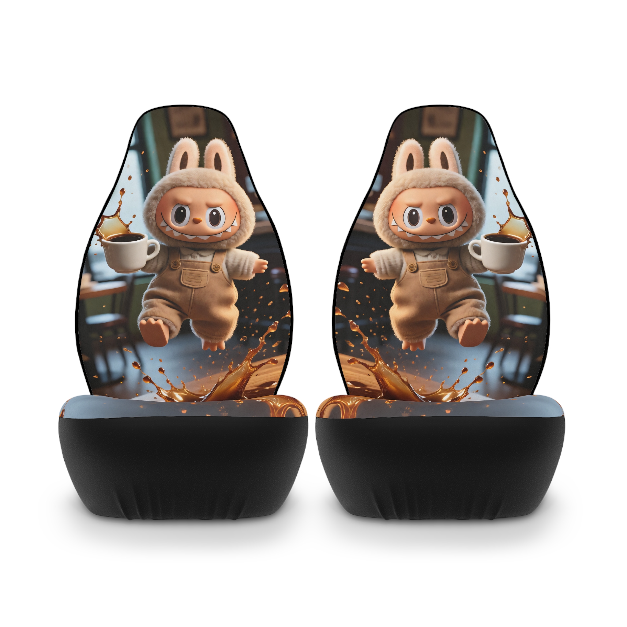 Two cute Labubu bunny soccer themed car seat covers made of durable polyester fabric for front seats