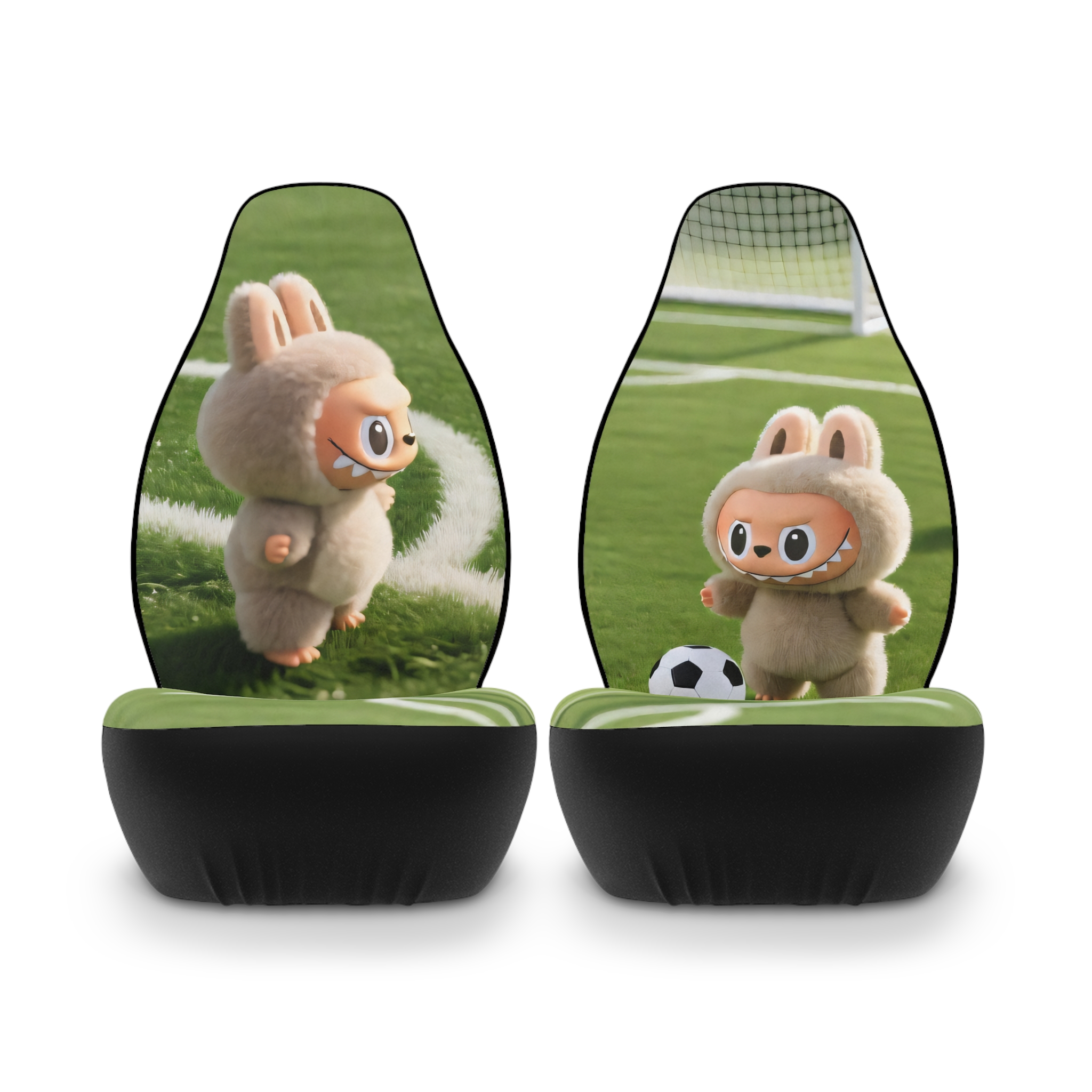 Two cute Labubu bunny soccer themed car seat covers made of durable polyester fabric for front seats