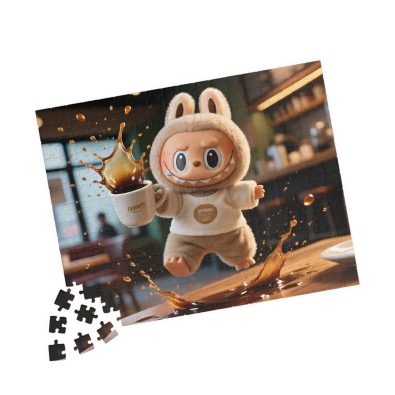A colorful jigsaw puzzle featuring a cute coffee-themed character named Labubu, designed for children and available in various piece counts (110, 252, 520, 1014 pcs).