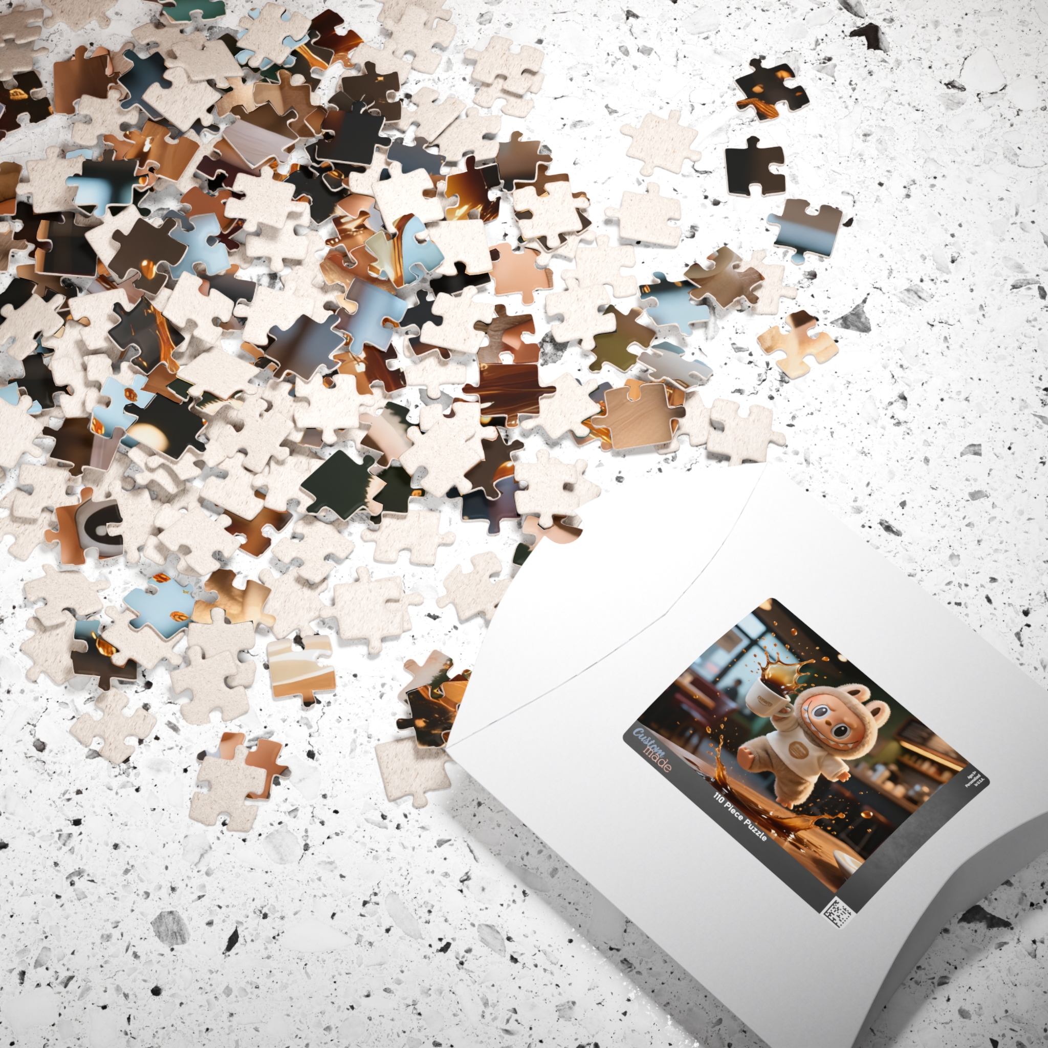 A colorful jigsaw puzzle featuring a cute coffee-themed character called Labubu, designed for children.