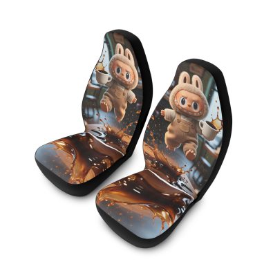 Front view of a car interior featuring Labubu coffee-themed polyester seat covers in a stylish, cozy design