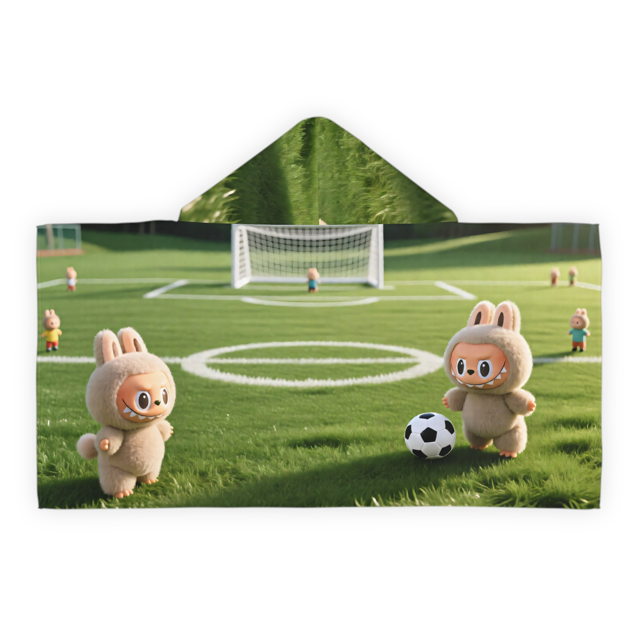 Youth hooded Labubu towel poncho with cute bunny playing soccer for kids beach and swim