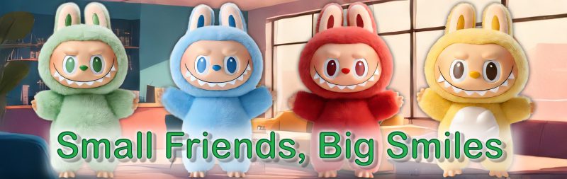 Banner - Pastel Labubu characters in soft colors standing together on pastel background