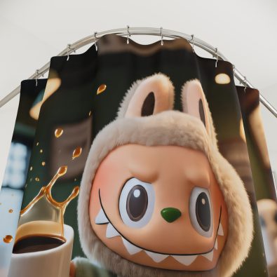 A shower curtain featuring a humorous coffee spill scene from a café, printed in vibrant colors on a white background.