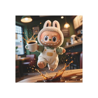 Labubu "Coffee Splash" Square Magnet — Funny Labubu Fridge Decor — Clumsy Monster Coffee Shop Magnet