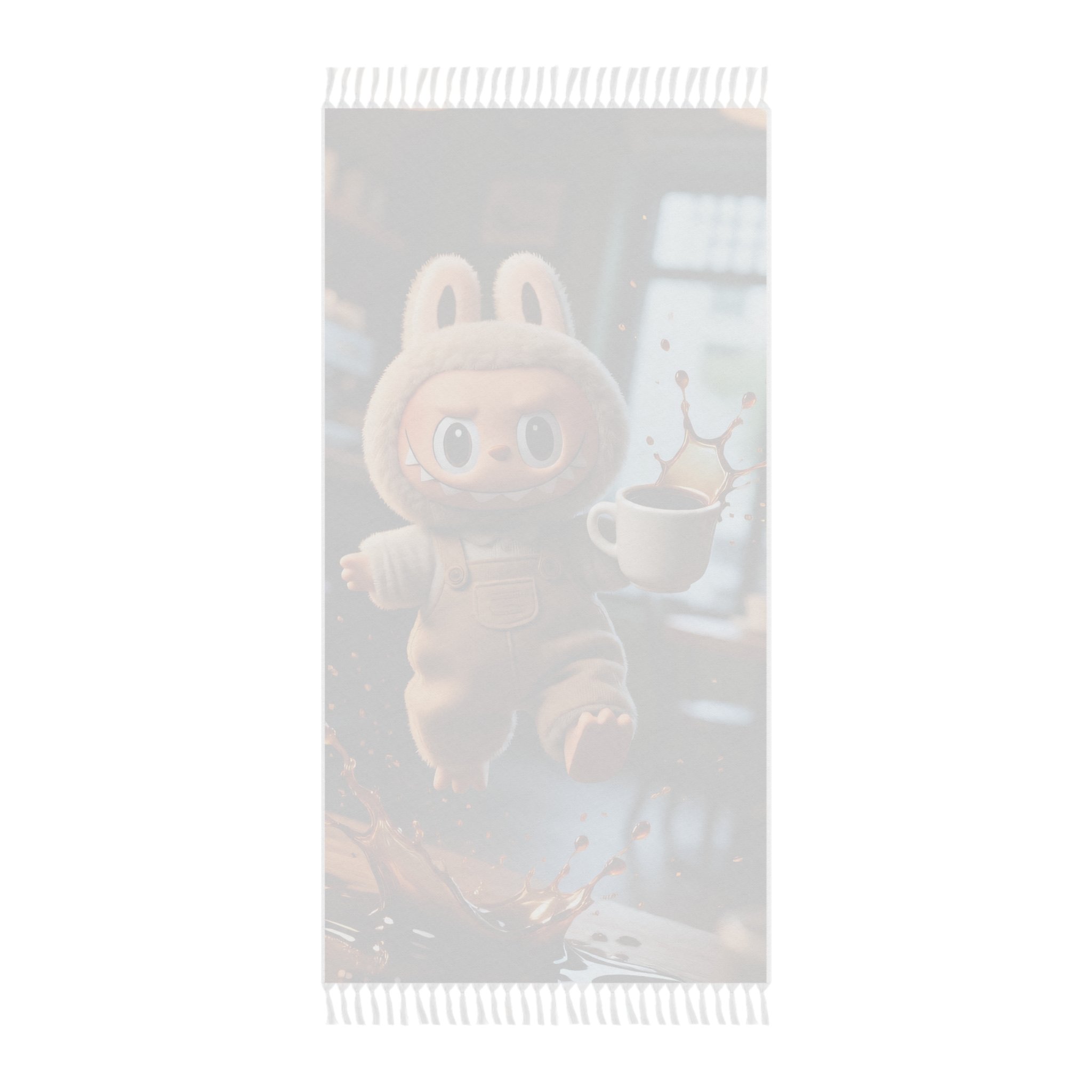 Labubu Coffee Spill Boho Beach Cloth - Funny Character Travel Throw with Tassels - Image 4