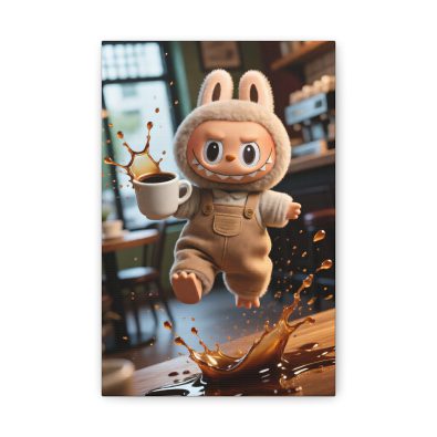 Alternative view of Labubu "Coffee Splash" Canvas Print — Funny Clumsy Monster Wall Art — Whimsical Kitchen & Office Decor