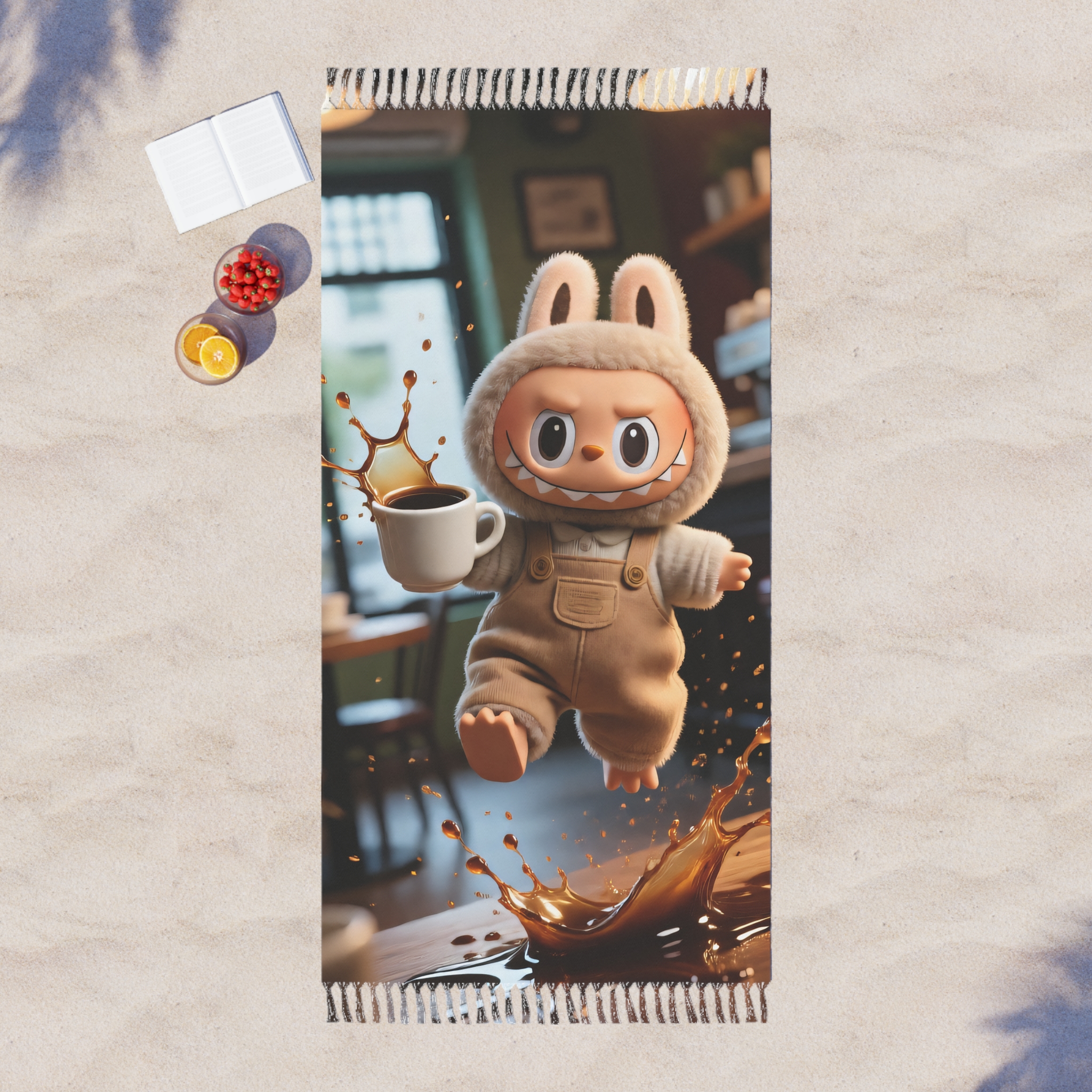 Labubu Coffee Spill Boho Beach Cloth - Funny Character Travel Throw with Tassels - Image 2