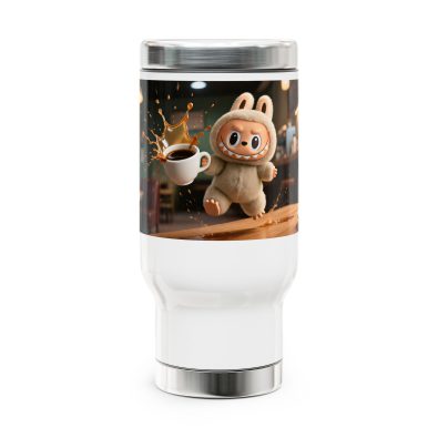 Labubu Coffee Mishap Travel Mug — 14oz Insulated Stainless Steel Tumbler with Handle — Funny Labubu Coffee Shop Mug