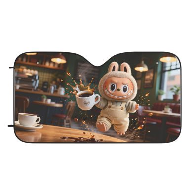Alternative view of Labubu "Coffee Mishap" Car Sun Shade — Funny Spilled Coffee Windshield Cover — UV Protection & Heat Shield