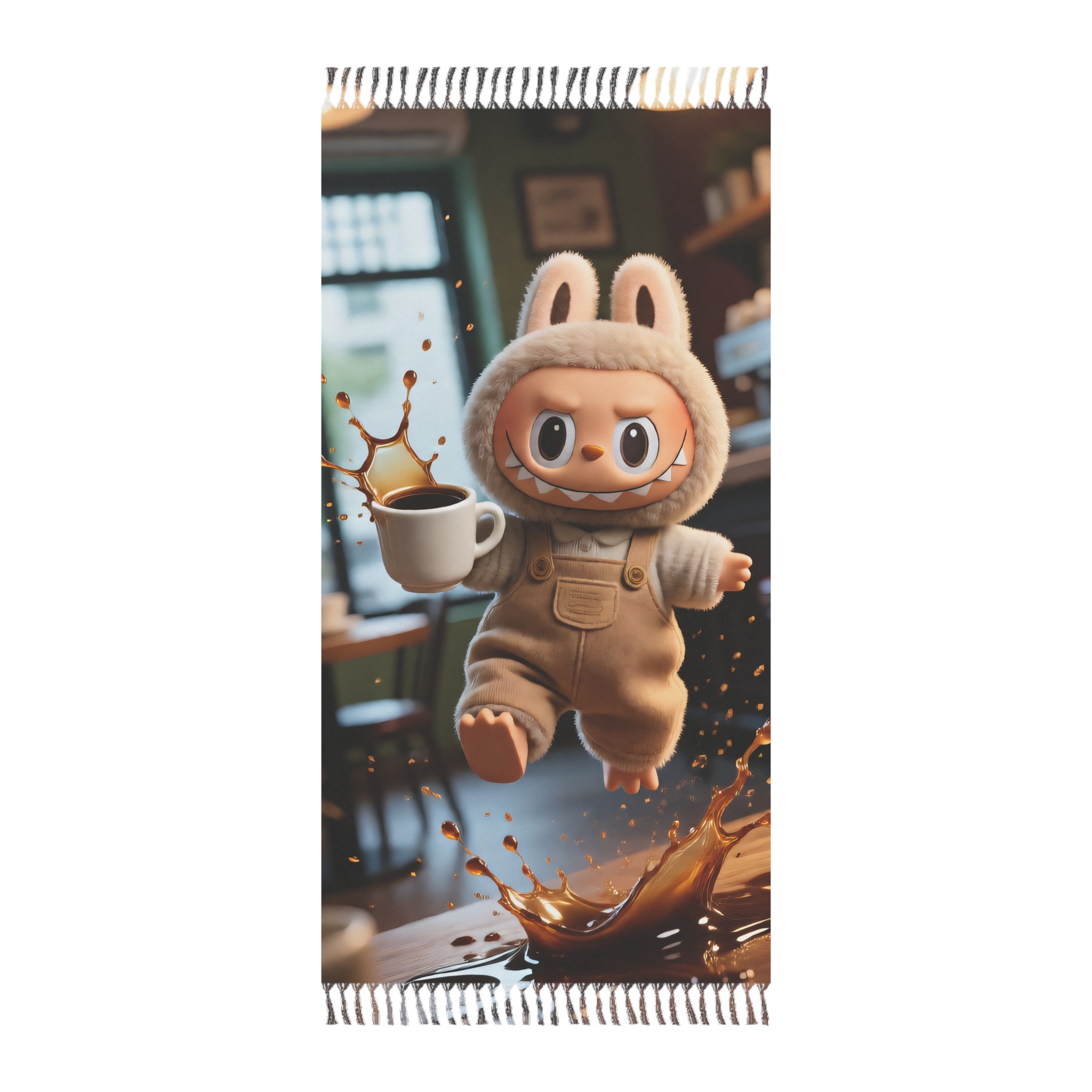 Labubu Coffee Spill Boho Beach Cloth - Funny Character Travel Throw with Tassels - Image 3