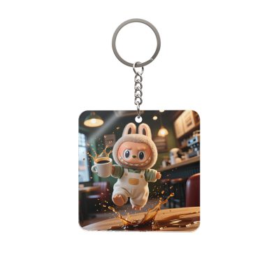 Labubu "Square Coffee Splash" Keychain — Funny Acrylic Bag Charm — Relatable Coffee Shop Accessory