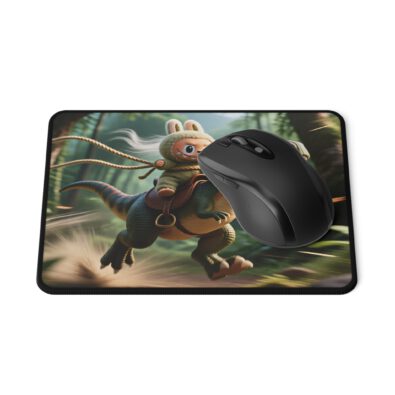Labubu the cute character riding a dinosaur on a vibrant gaming mouse pad with non-slip backing