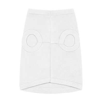 A playful dog wearing a surfing bunny tank top with a colorful surfboard design