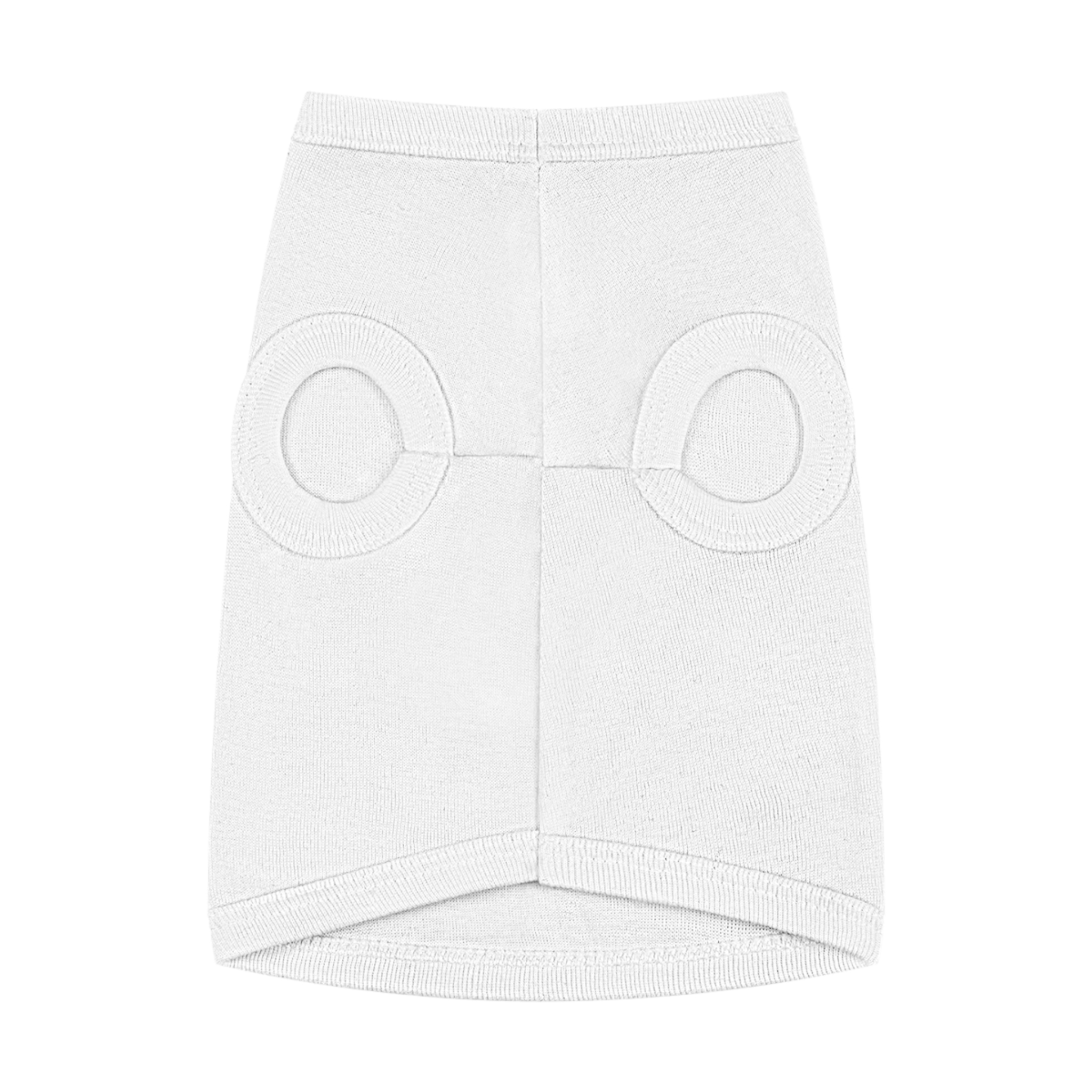 A playful dog wearing a surfing bunny tank top with a colorful surfboard design