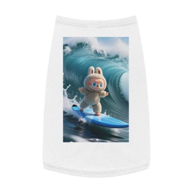 A playful dog wearing a surfing bunny tank top with a colorful surfboard design