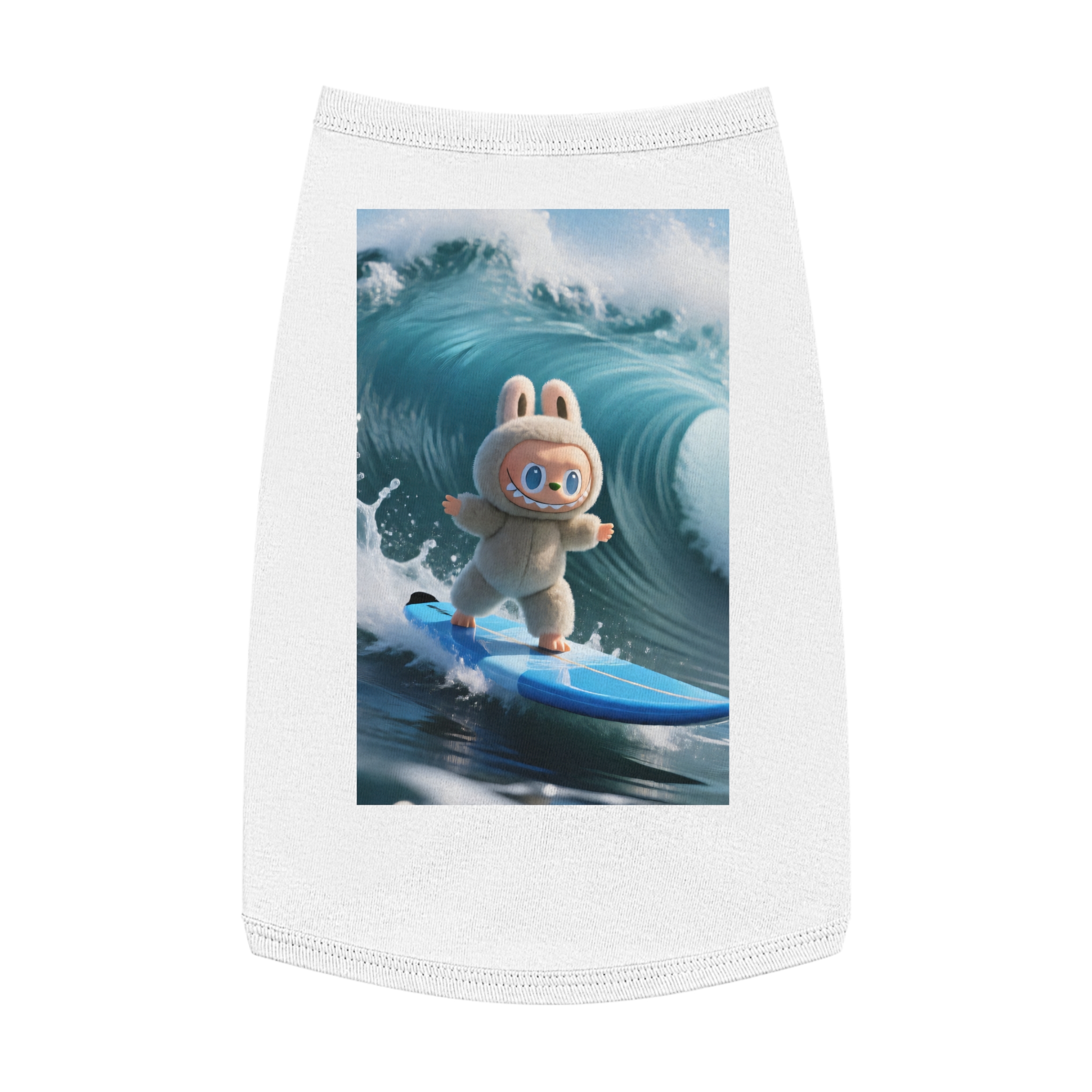 A playful dog wearing a surfing bunny tank top with a colorful surfboard design