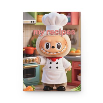A hardcover recipe journal featuring a charming chef illustration and kitchen-themed design