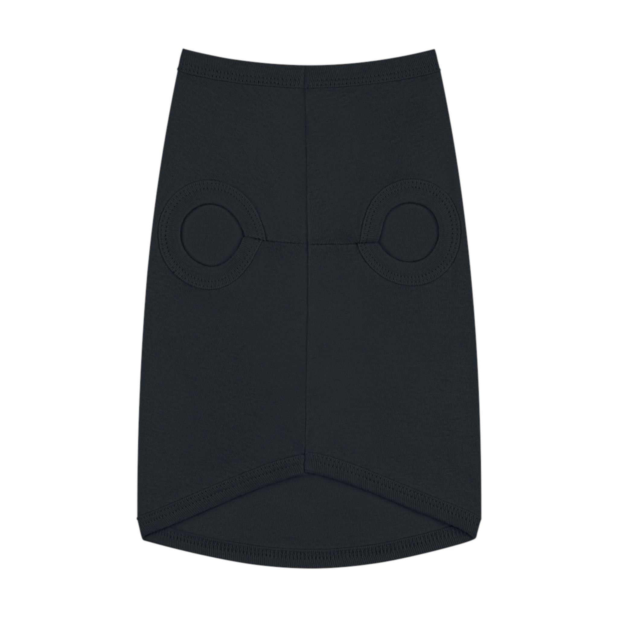 A playful dog wearing a surfing bunny tank top featuring a colorful surfboard design