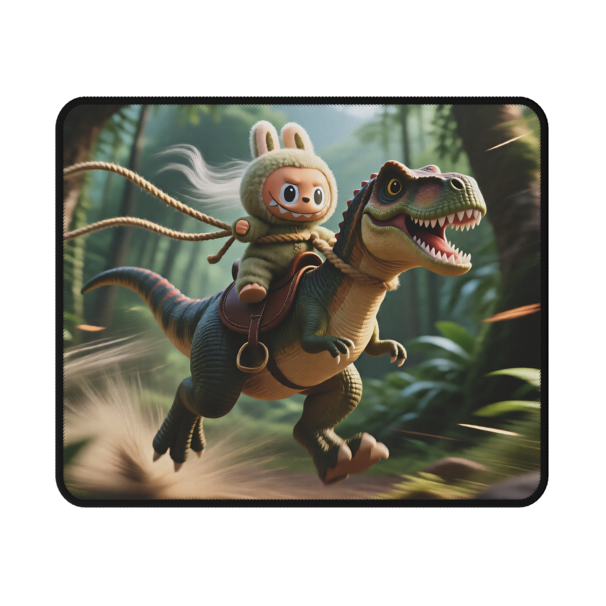 Labubu the cute dinosaur character riding a colorful dinosaur on a gaming mouse pad with a non-slip rubber base