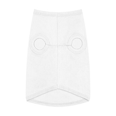 A playful dog wearing a surfing bunny tank top featuring a colorful surfboard design