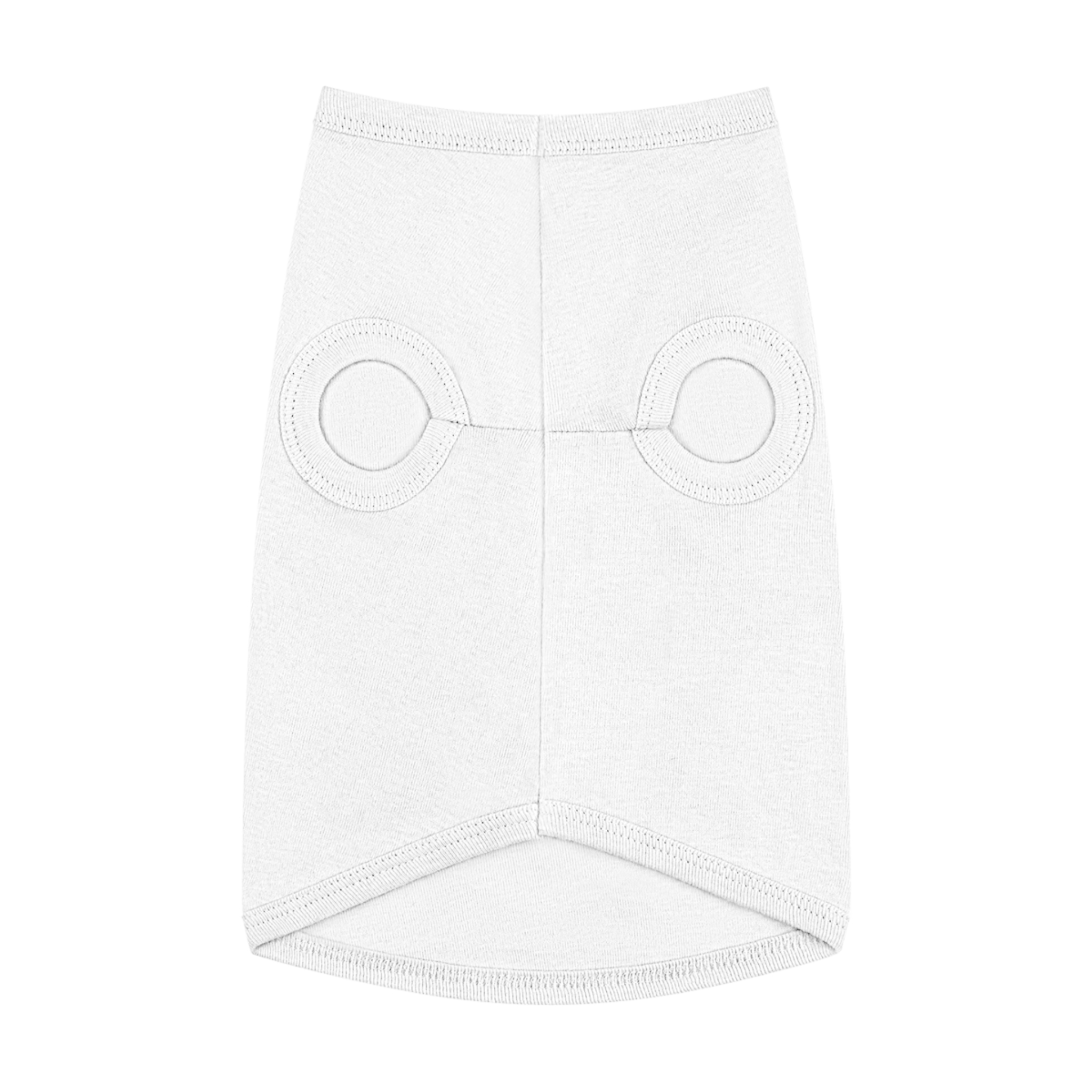 A playful dog wearing a surfing bunny tank top featuring a colorful surfboard design