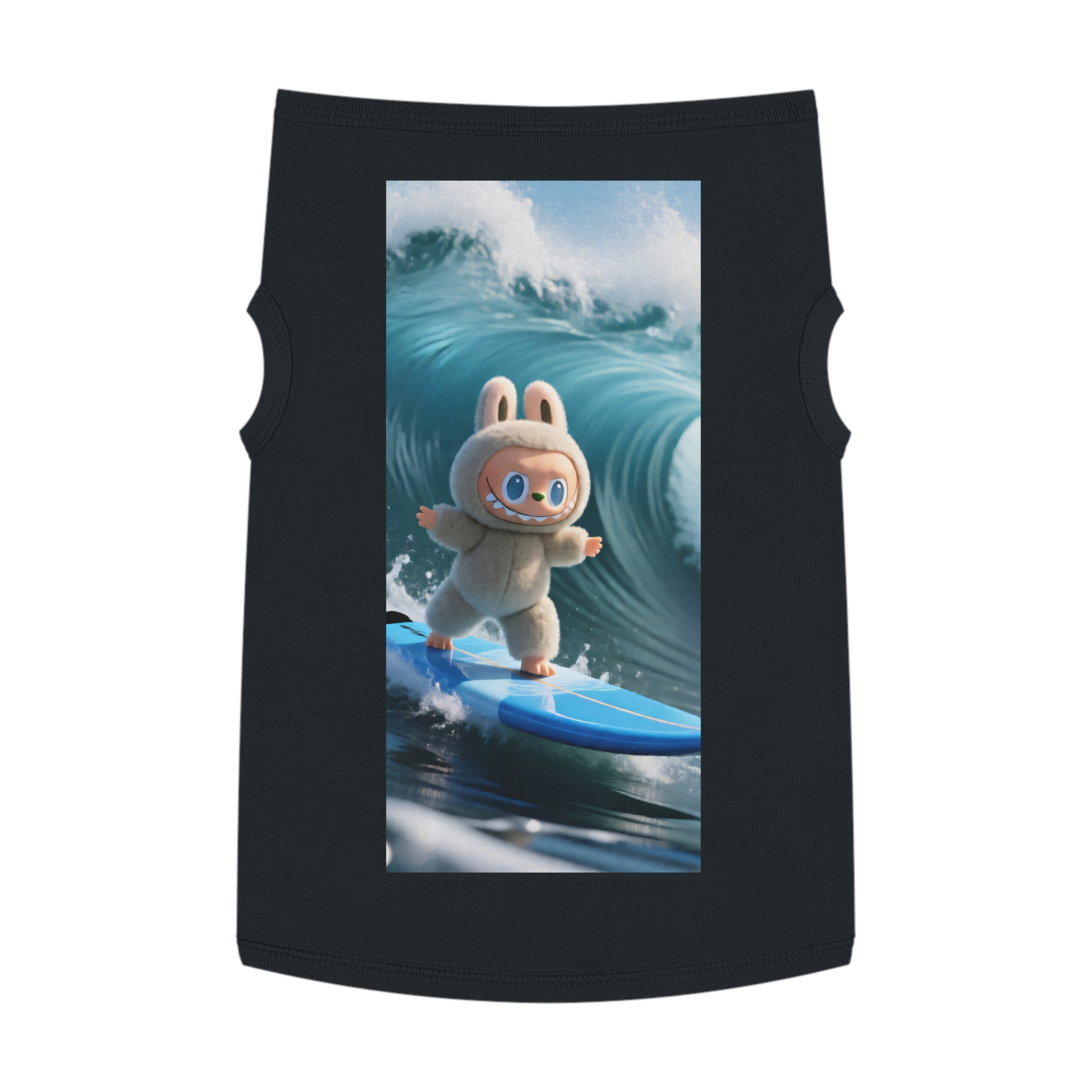 A playful dog wearing a surfing bunny tank top on a beach