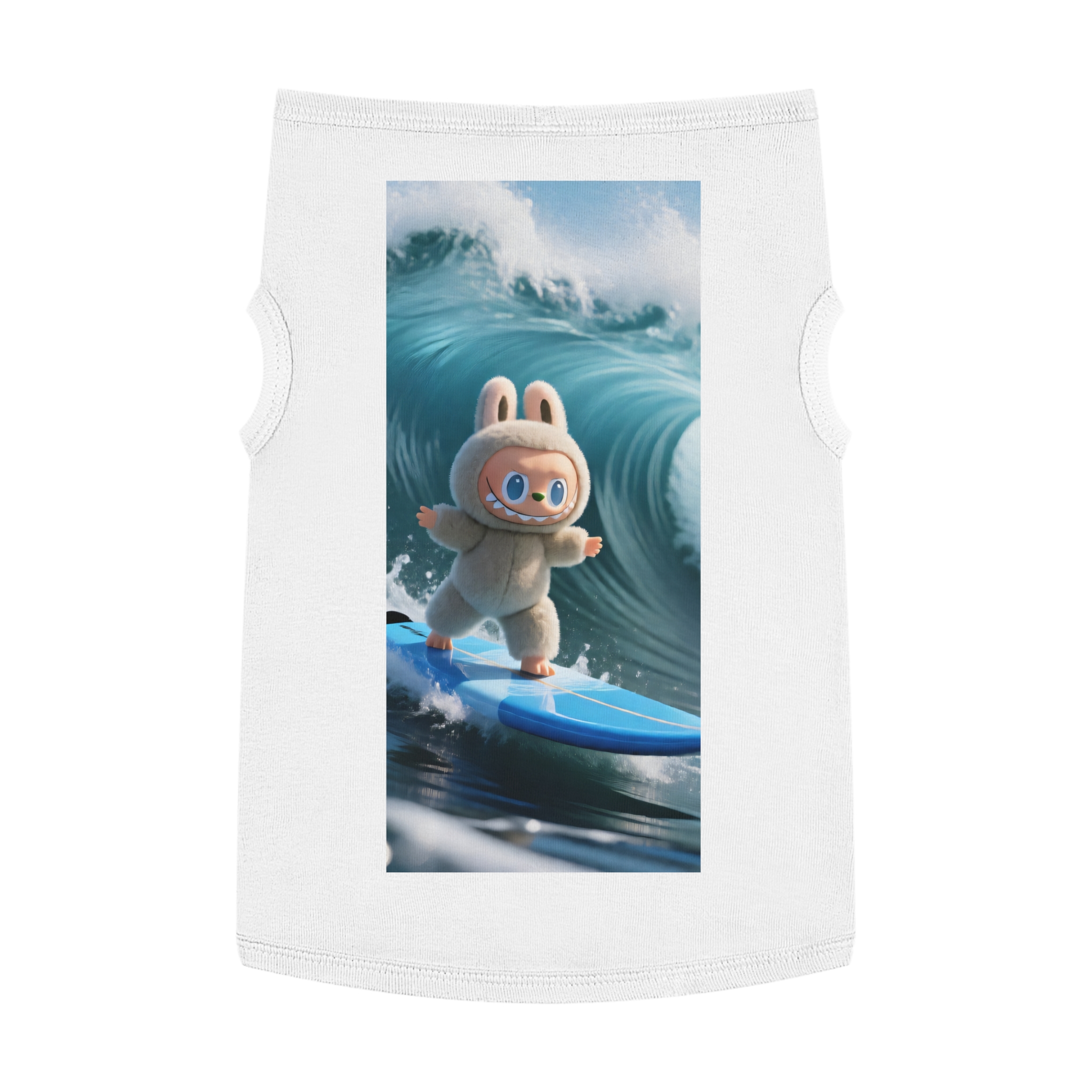 A playful dog wearing a surfing bunny tank top featuring a colorful surfboard design